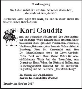 Traueranzeige von Karl Gauditz  von Magdeburger Volksstimme