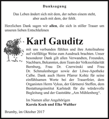 Traueranzeige von Karl Gauditz  von Magdeburger Volksstimme