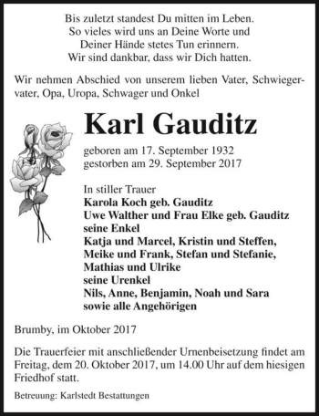 Traueranzeige von Karl Gauditz  von Magdeburger Volksstimme