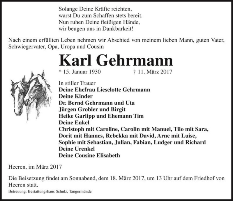  Traueranzeige für Karl Gehrmann  vom 15.03.2017 aus Magdeburger Volksstimme