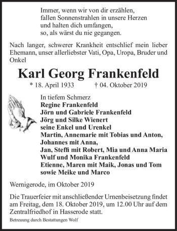 Traueranzeige von Karl Georg Frankenfeld  von Magdeburger Volksstimme