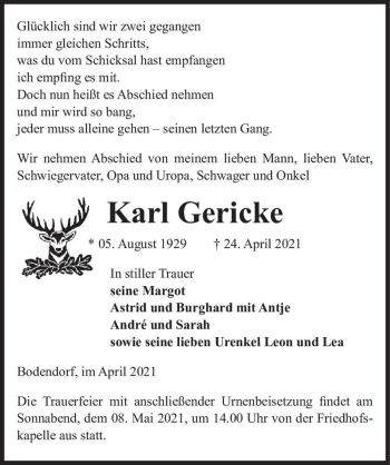 Traueranzeige von Karl Gericke  von Magdeburger Volksstimme
