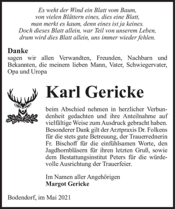 Traueranzeige von Karl Gericke  von Magdeburger Volksstimme