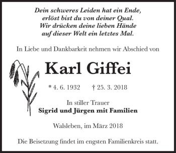 Traueranzeige von Karl Giffei  von Magdeburger Volksstimme