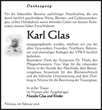Traueranzeige von Karl Glas  von Magdeburger Volksstimme