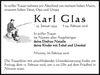 Traueranzeige von Karl Glas  von Magdeburger Volksstimme