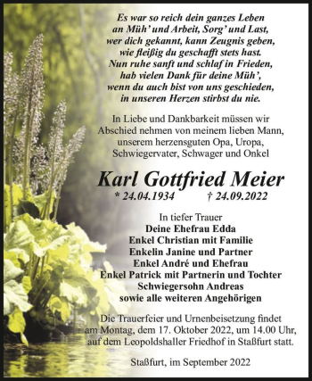 Traueranzeige von Karl Gottfried Meier  von Magdeburger Volksstimme
