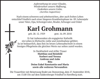 Traueranzeige von Karl Grohmann  von Magdeburger Volksstimme
