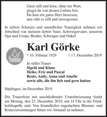 Traueranzeige von Karl Görke  von Magdeburger Volksstimme