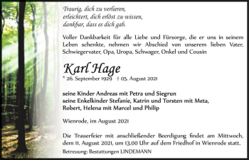 Traueranzeige von Karl Hage  von Magdeburger Volksstimme