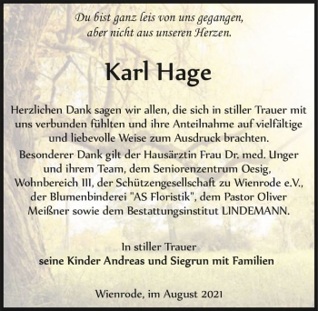 Traueranzeige von Karl Hage  von Magdeburger Volksstimme