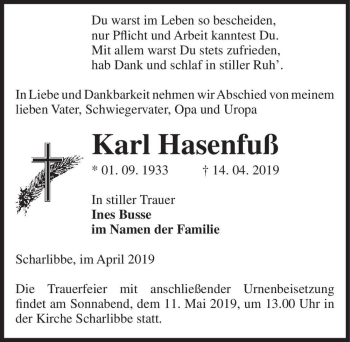 Traueranzeige von Karl Hasenfuß  von Magdeburger Volksstimme
