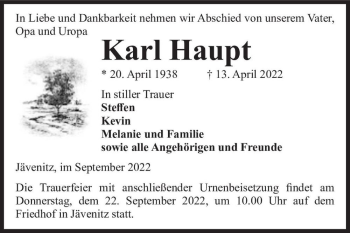 Traueranzeige von Karl Haupt  von Magdeburger Volksstimme