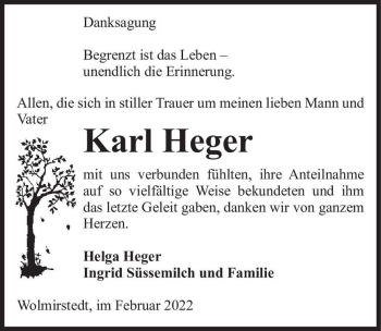 Traueranzeige von Karl Heger  von Magdeburger Volksstimme