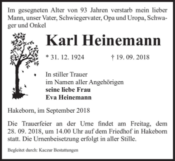 Traueranzeige von Karl Heinemann  von Magdeburger Volksstimme