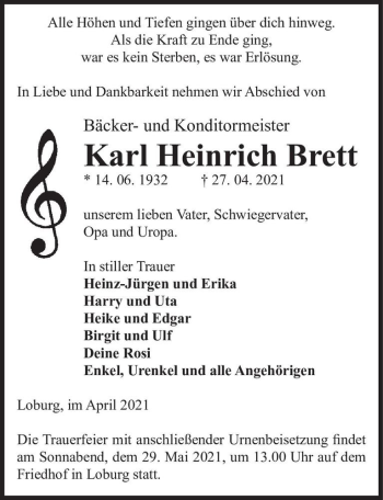 Traueranzeige von Karl Heinrich Brett  von Magdeburger Volksstimme