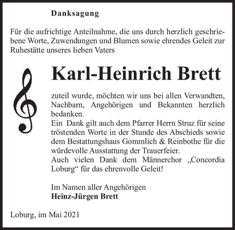  Traueranzeige für Karl Heinrich Brett  vom 05.06.2021 aus Magdeburger Volksstimme