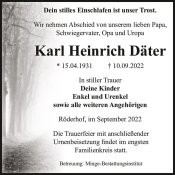 Traueranzeige von Karl Heinrich Däter  von Magdeburger Volksstimme