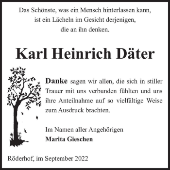 Traueranzeige von Karl Heinrich Däter  von Magdeburger Volksstimme