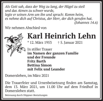 Traueranzeige von Karl Heinrich Lehn  von Magdeburger Volksstimme
