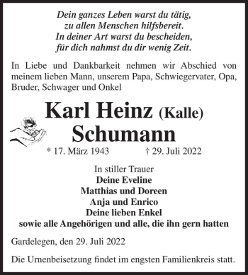 Traueranzeige von Karl Heinz (Kalle) Schumann  von Magdeburger Volksstimme