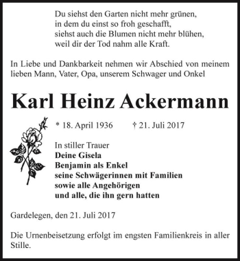Traueranzeige von Karl Heinz Ackermann  von Magdeburger Volksstimme