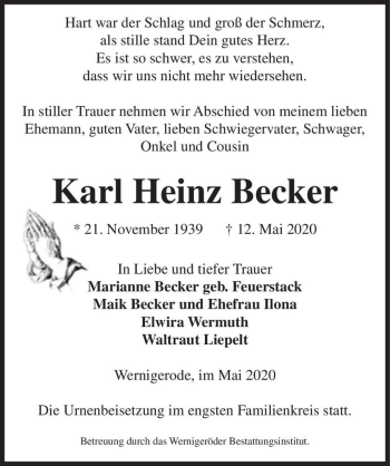 Traueranzeige von Karl Heinz Becker  von Magdeburger Volksstimme