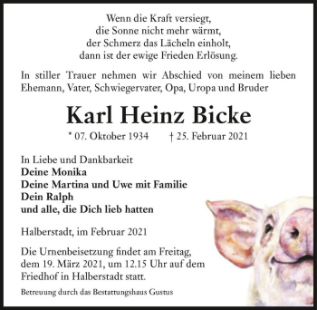 Traueranzeige von Karl Heinz Bicke  von Magdeburger Volksstimme