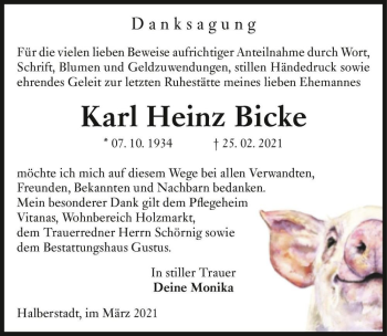 Traueranzeige von Karl Heinz Bicke  von Magdeburger Volksstimme