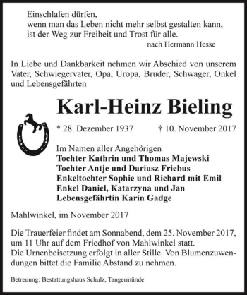 Traueranzeige von Karl Heinz Bieling  von Magdeburger Volksstimme