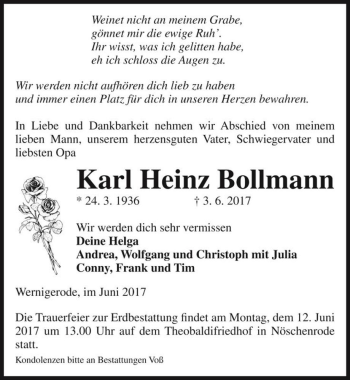 Traueranzeige von Karl Heinz Bollmann  von Magdeburger Volksstimme