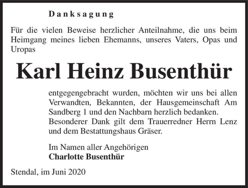  Traueranzeige für Karl Heinz Busenthür  vom 05.06.2020 aus Magdeburger Volksstimme