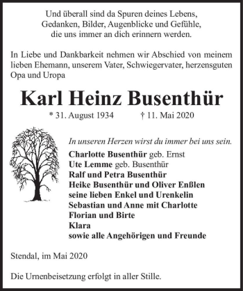 Traueranzeige von Karl Heinz Busenthür  von Magdeburger Volksstimme