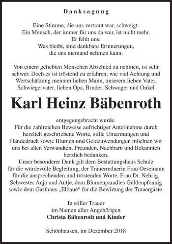 Traueranzeige von Karl Heinz Bäbenroth  von Magdeburger Volksstimme