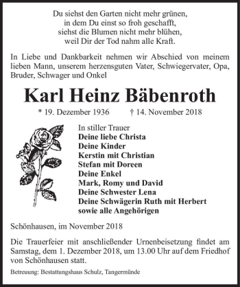 Traueranzeige von Karl Heinz Bäbenroth  von Magdeburger Volksstimme