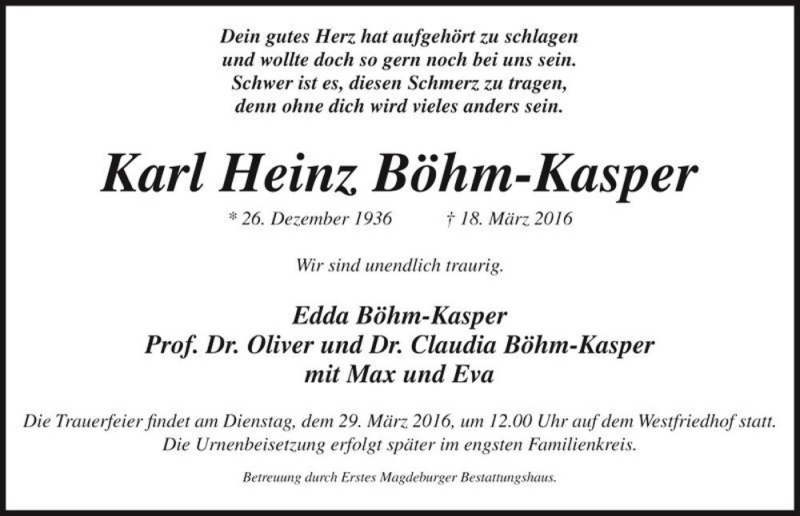  Traueranzeige für Karl Heinz Böhm-Kasper  vom 23.03.2016 aus Magdeburger Volksstimme