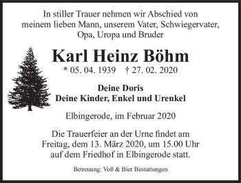 Traueranzeige von Karl Heinz Böhm  von Magdeburger Volksstimme