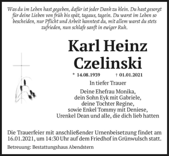 Traueranzeige von Karl Heinz Czelinski  von Magdeburger Volksstimme