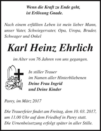 Traueranzeige von Karl Heinz Ehrlich  von Magdeburger Volksstimme