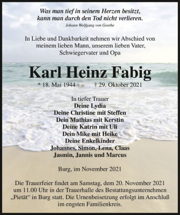 Traueranzeige von Karl Heinz Fabig  von Magdeburger Volksstimme