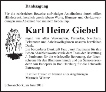 Traueranzeige von Karl Heinz Giebel  von Magdeburger Volksstimme