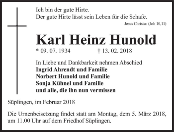 Traueranzeige von Karl Heinz Hunold  von Magdeburger Volksstimme