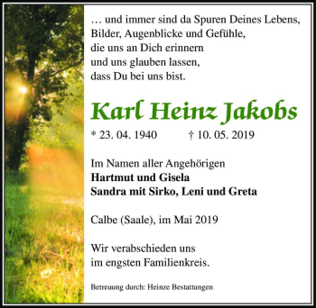 Traueranzeige von Karl Heinz Jakobs  von Magdeburger Volksstimme