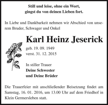 Traueranzeige von Karl Heinz Jeserick  von Magdeburger Volksstimme