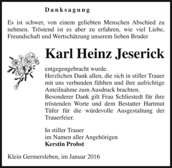 Traueranzeige von Karl Heinz Jeserick  von Magdeburger Volksstimme