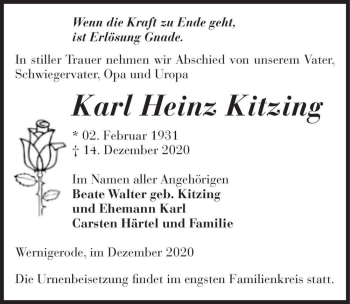 Traueranzeige von Karl Heinz Kitzing  von Magdeburger Volksstimme