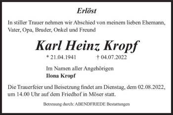 Traueranzeige von Karl Heinz Kropf  von Magdeburger Volksstimme