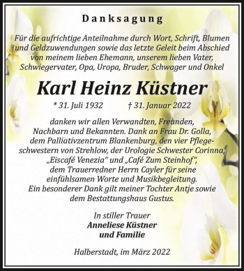 Traueranzeige von Karl Heinz Küstner  von Magdeburger Volksstimme