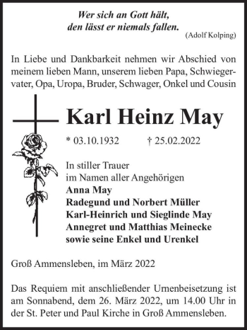 Traueranzeige von Karl Heinz May  von Magdeburger Volksstimme