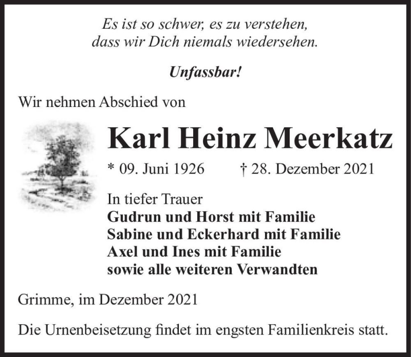  Traueranzeige für Karl Heinz Meerkatz  vom 08.01.2022 aus Magdeburger Volksstimme